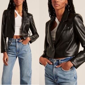 Abercrombie & Fitch Black Cropped Vegan Leather Blazer Jacket Y2K Mcbling Goth